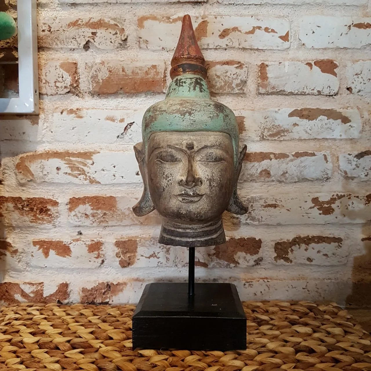 Antique Wooden Buddha Head (Green & Natural)