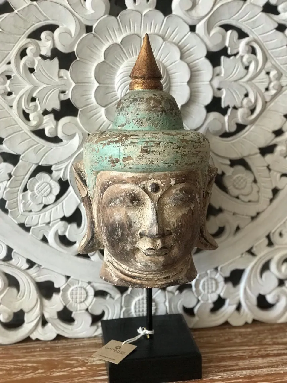 Antique Wooden Buddha Head (Green & Natural)