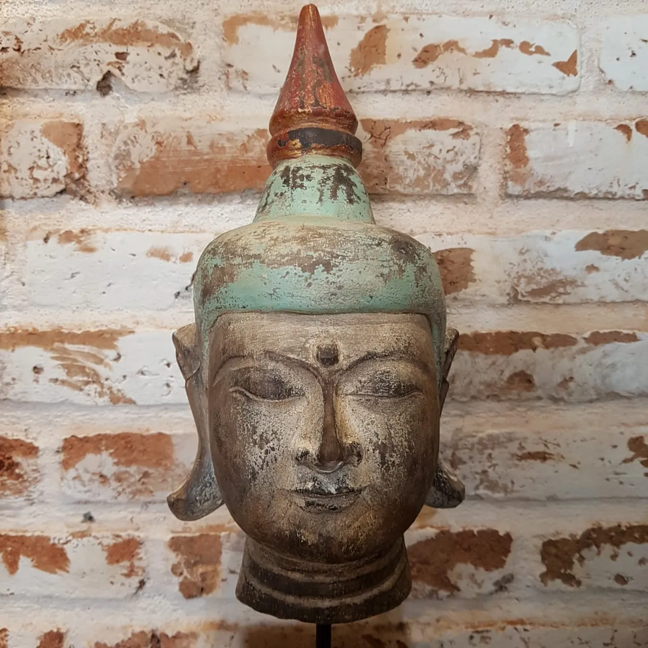 Antique Wooden Buddha Head (Green & Natural)