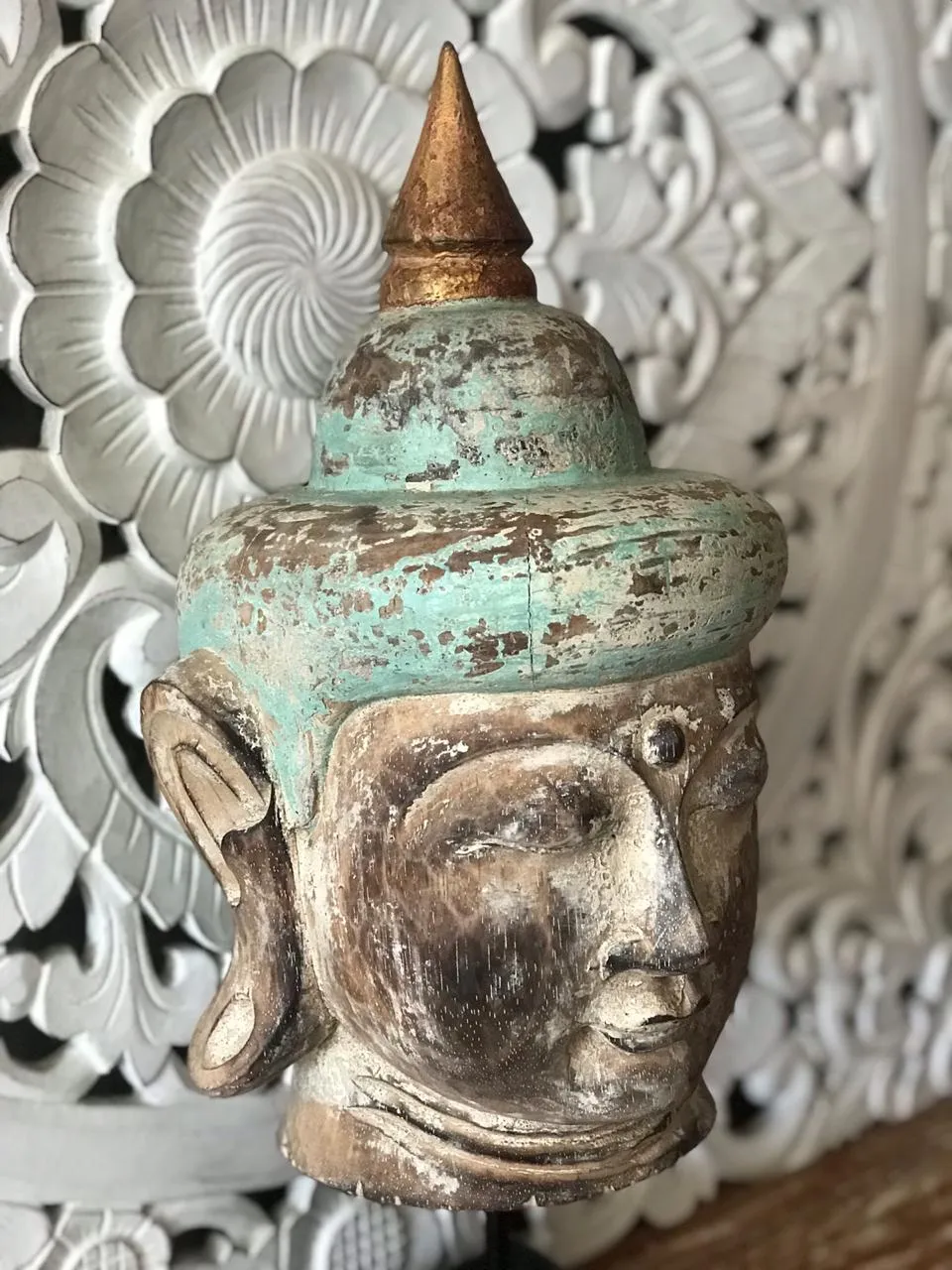 Antique Wooden Buddha Head (Green & Natural)