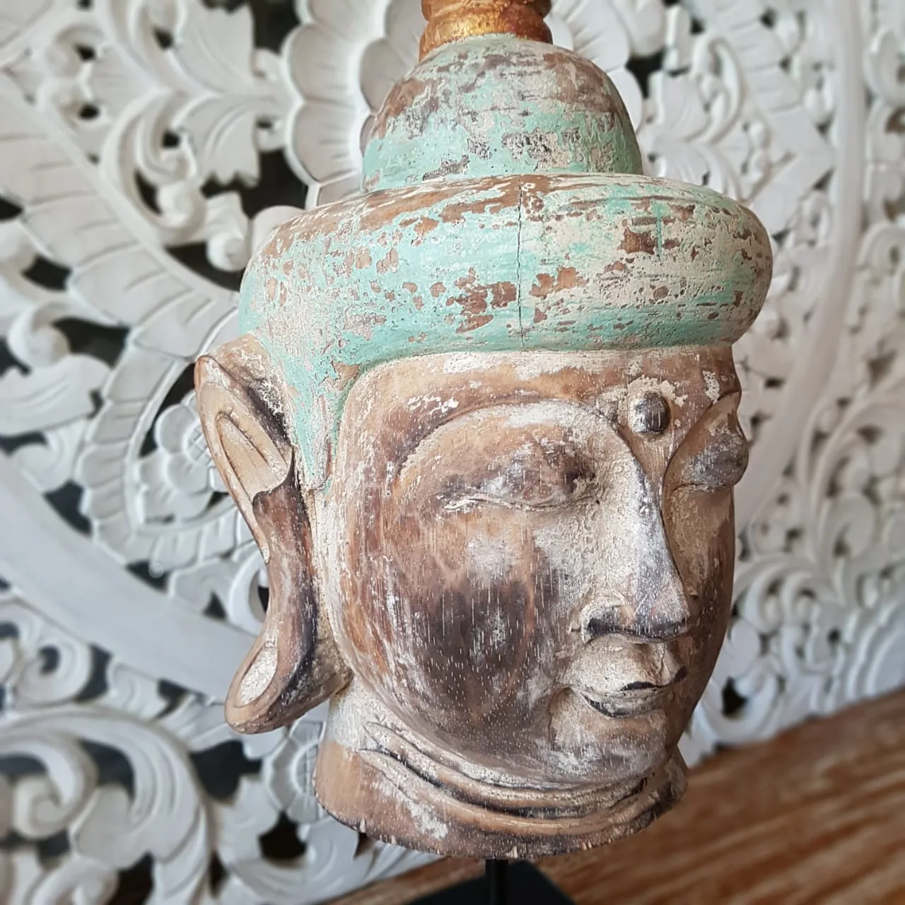 Antique Wooden Buddha Head (Green & Natural)