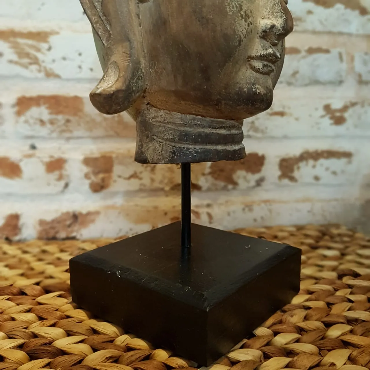 Antique Wooden Buddha Head (Green & Natural)