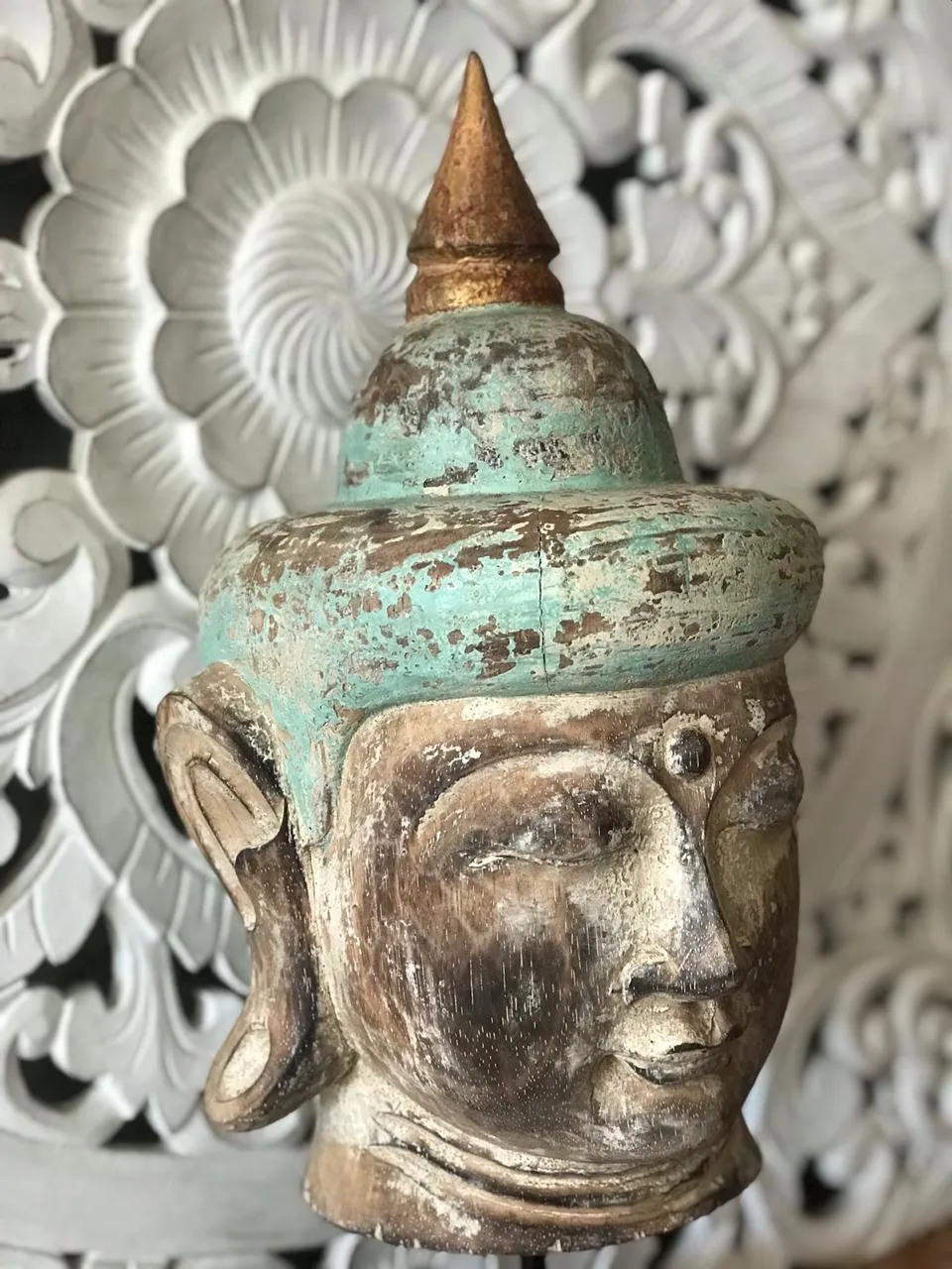 Antique Wooden Buddha Head (Green & Natural)