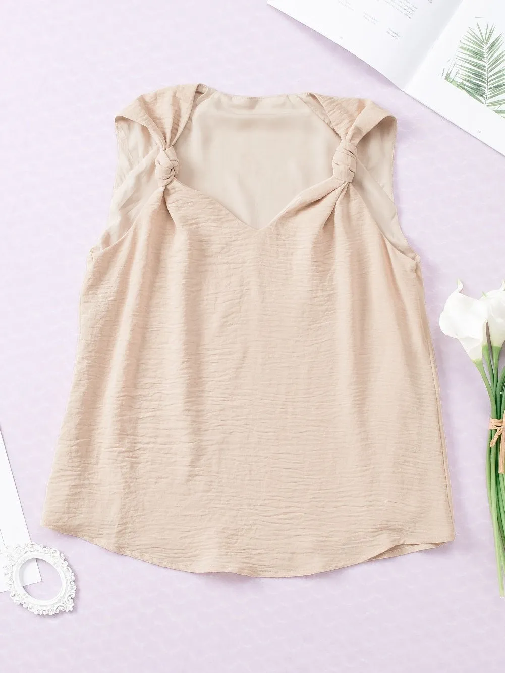 Apricot Twisted Shoulder V Neck Tank Top