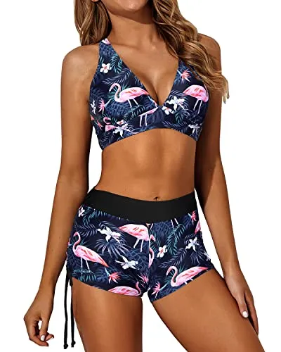 Athletic Women's Criss Cross Straps Tankini Swimsuits-Black Flamingo