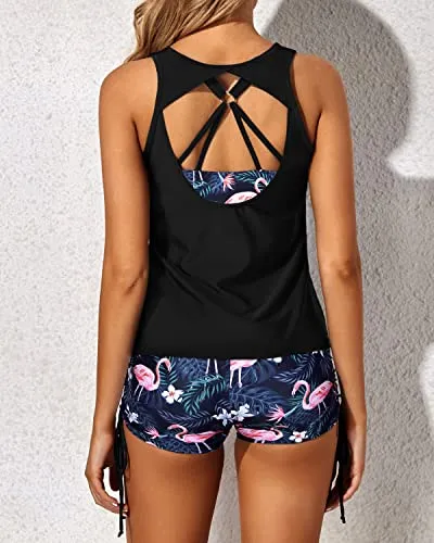 Athletic Women's Criss Cross Straps Tankini Swimsuits-Black Flamingo