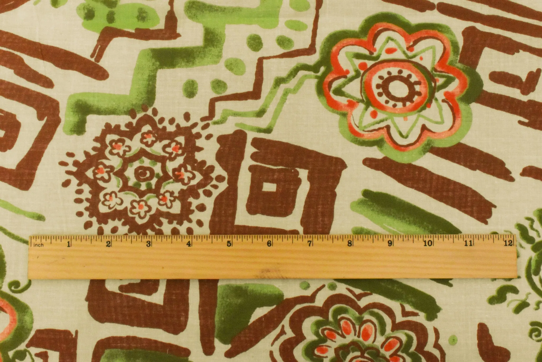 Beige-Green-Multi Aztec And Floral Printed Cotton Batiste Woven Fabric