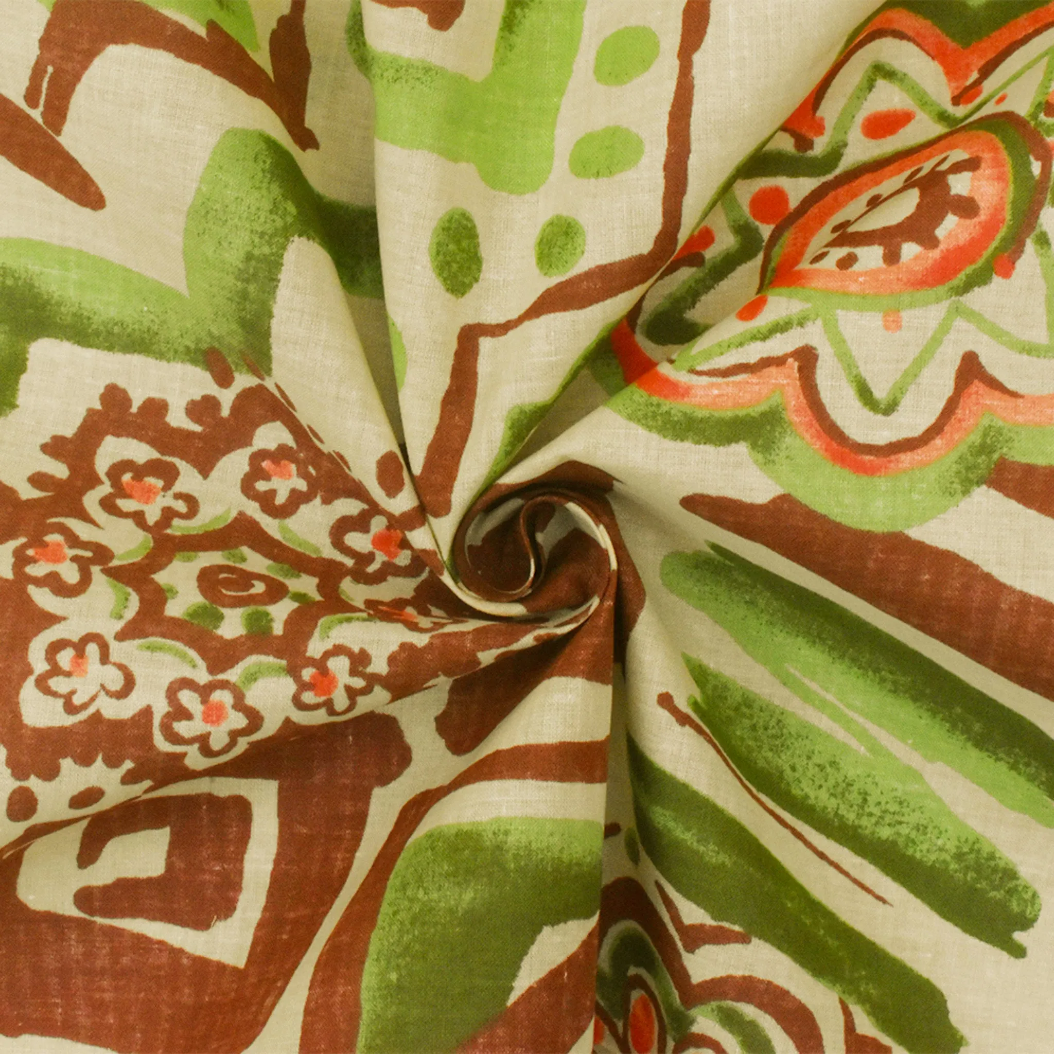 Beige-Green-Multi Aztec And Floral Printed Cotton Batiste Woven Fabric