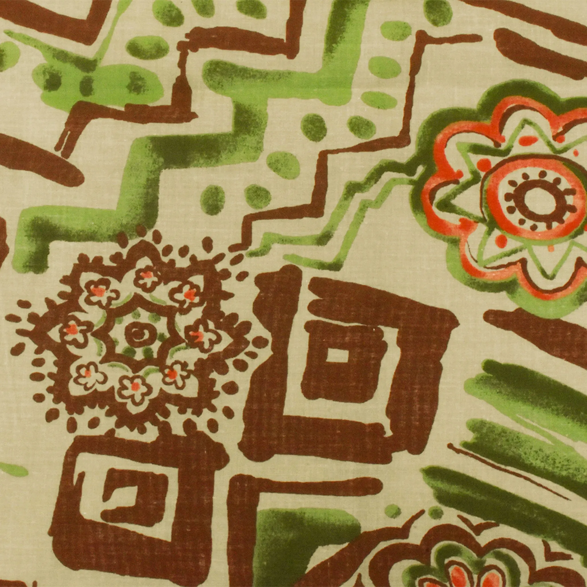 Beige-Green-Multi Aztec And Floral Printed Cotton Batiste Woven Fabric