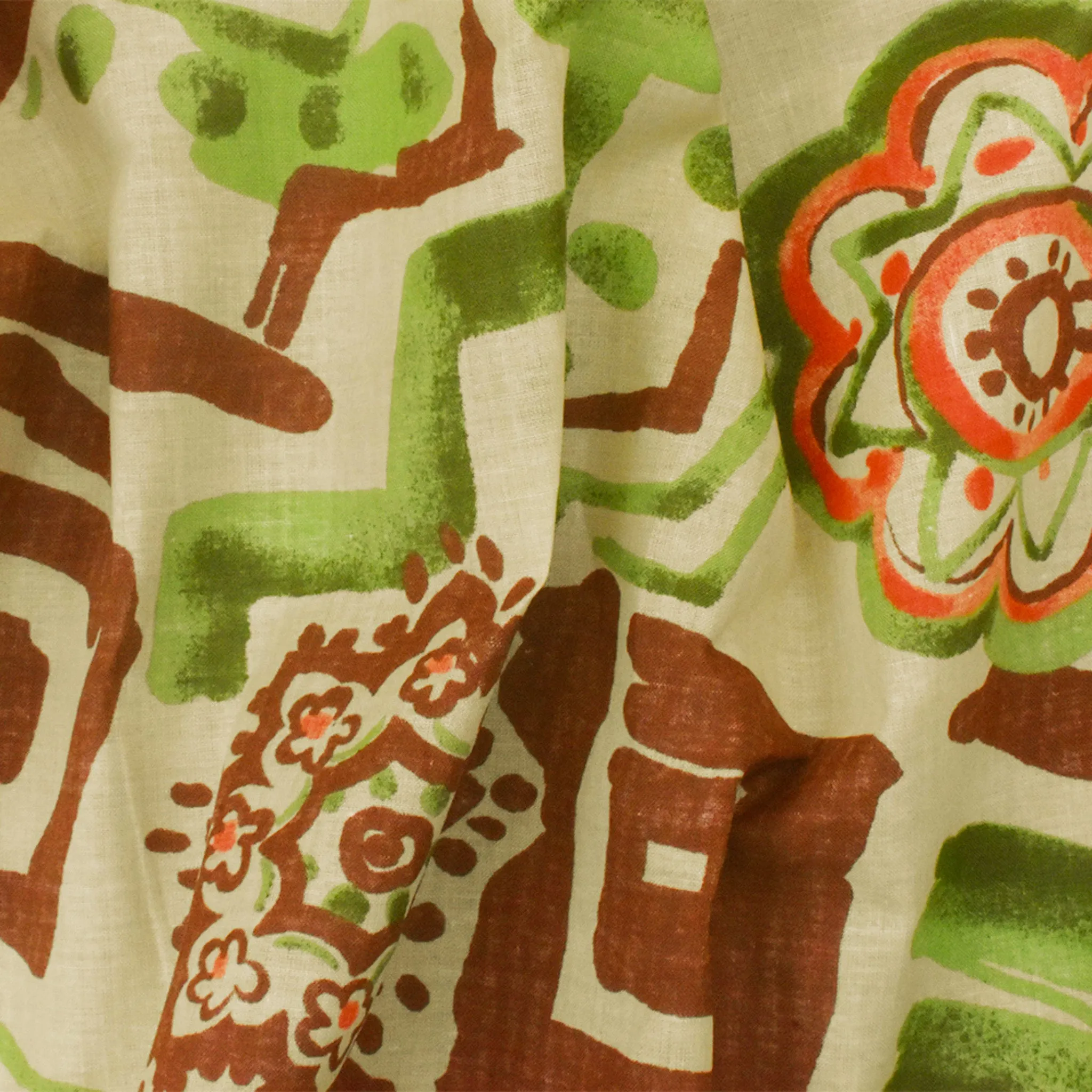 Beige-Green-Multi Aztec And Floral Printed Cotton Batiste Woven Fabric