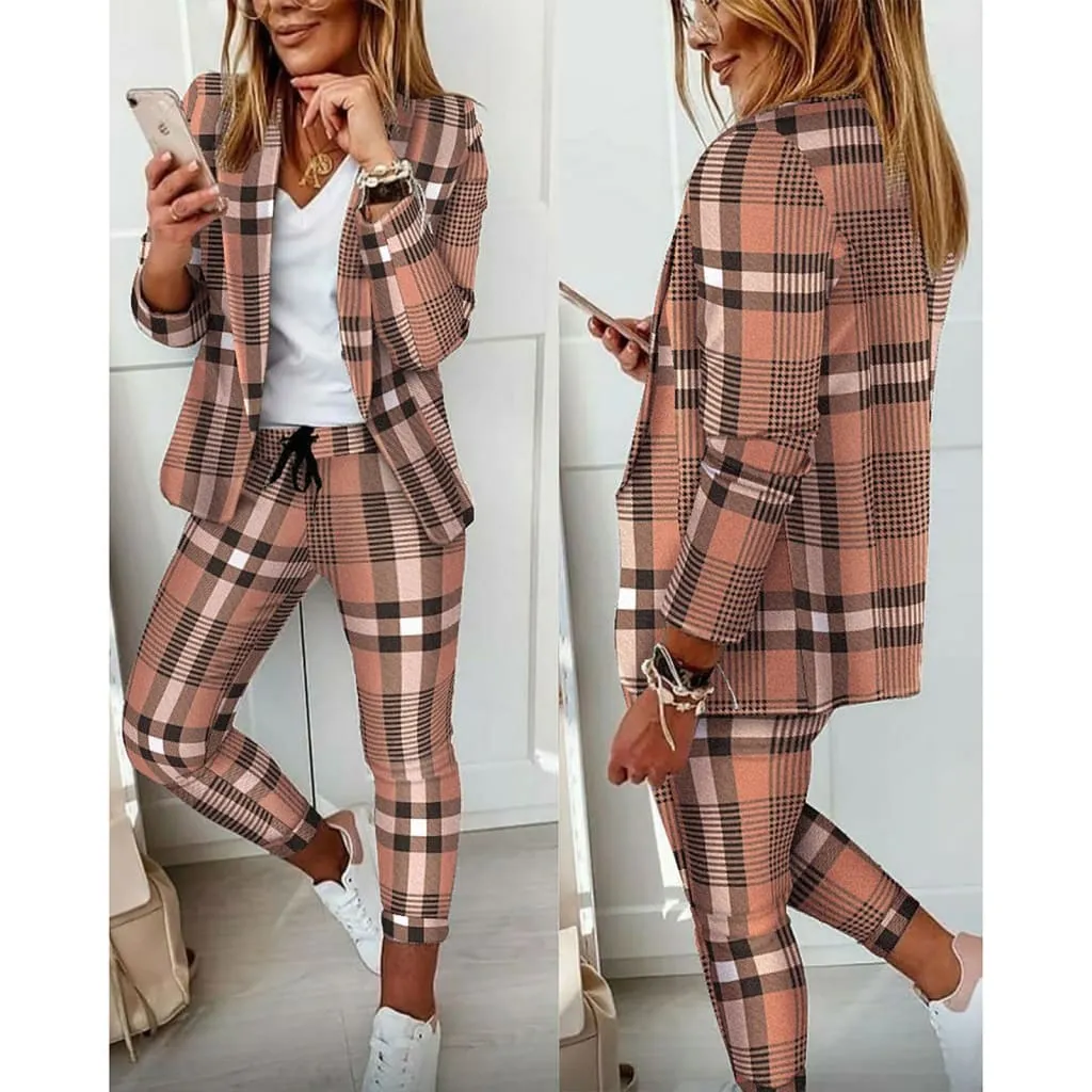 Blazer & Drawstring Skinny Pants Print Set