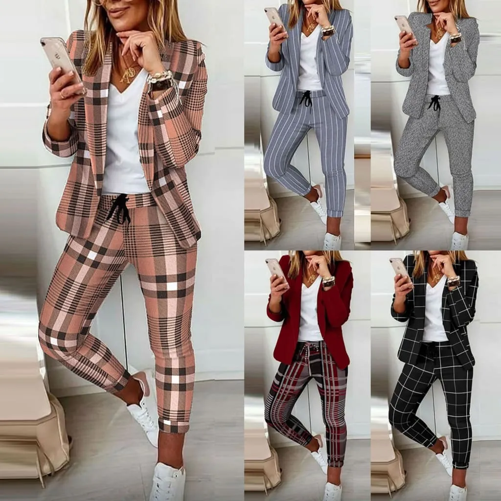 Blazer & Drawstring Skinny Pants Print Set