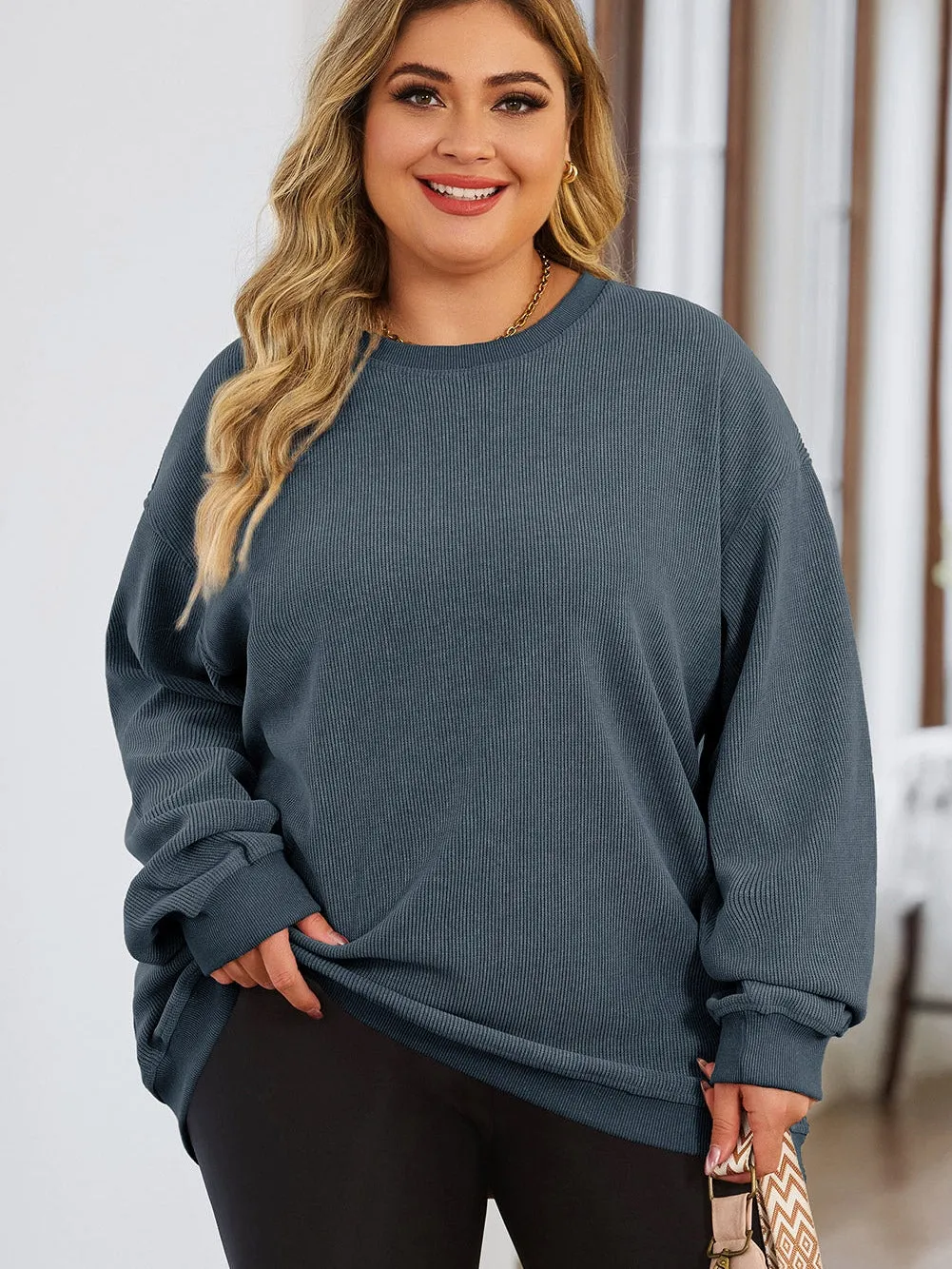 Blue Plus Size Corded Round Neck Sweatshirt