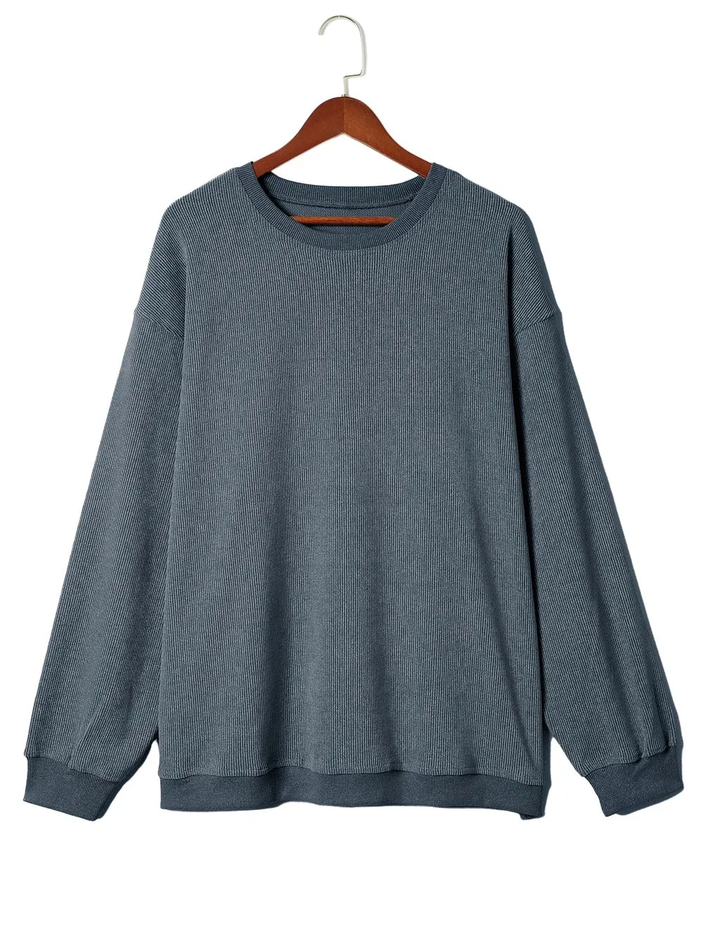 Blue Plus Size Corded Round Neck Sweatshirt