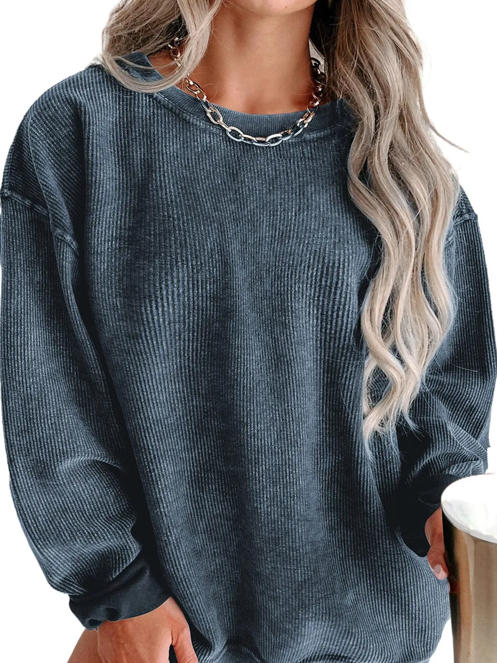 Blue Plus Size Corded Round Neck Sweatshirt