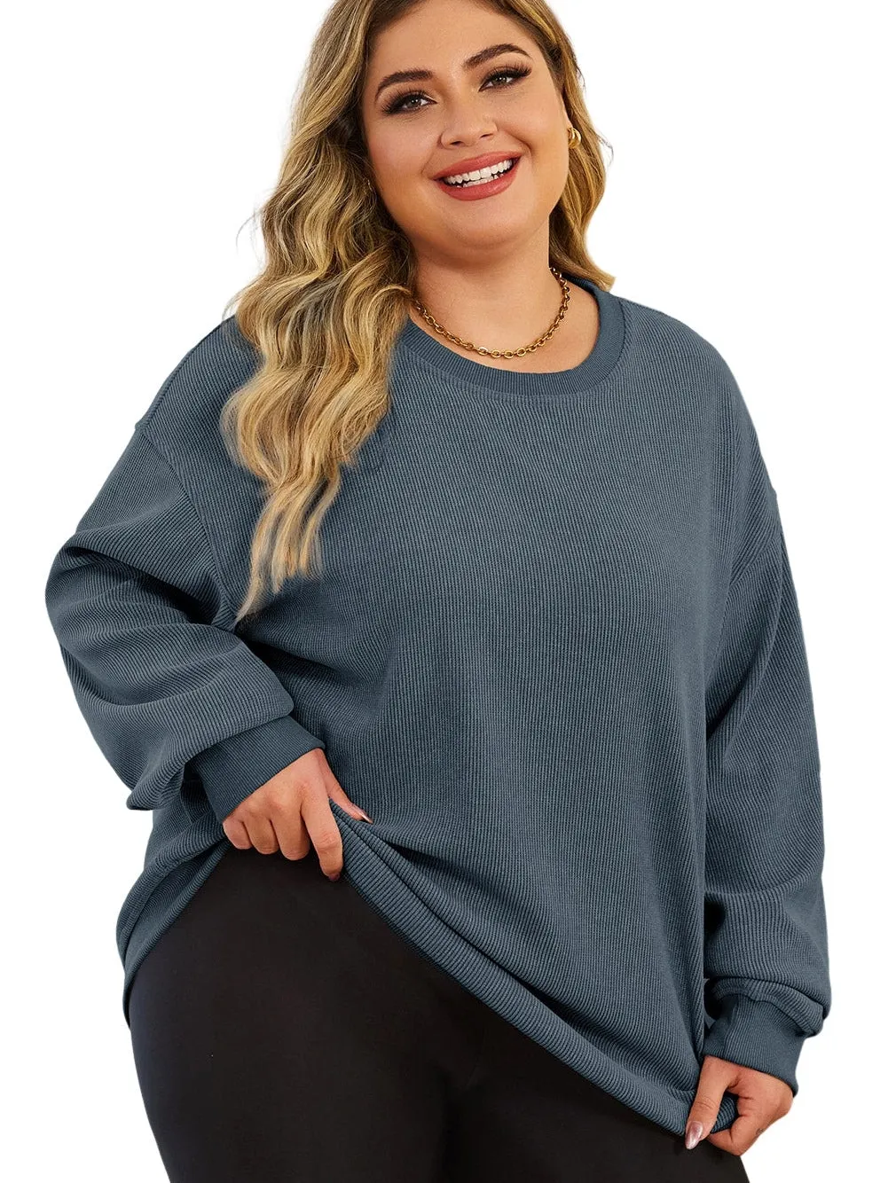 Blue Plus Size Corded Round Neck Sweatshirt