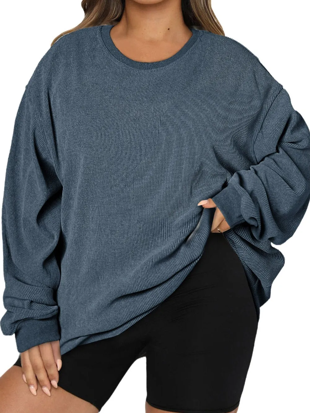 Blue Plus Size Corded Round Neck Sweatshirt