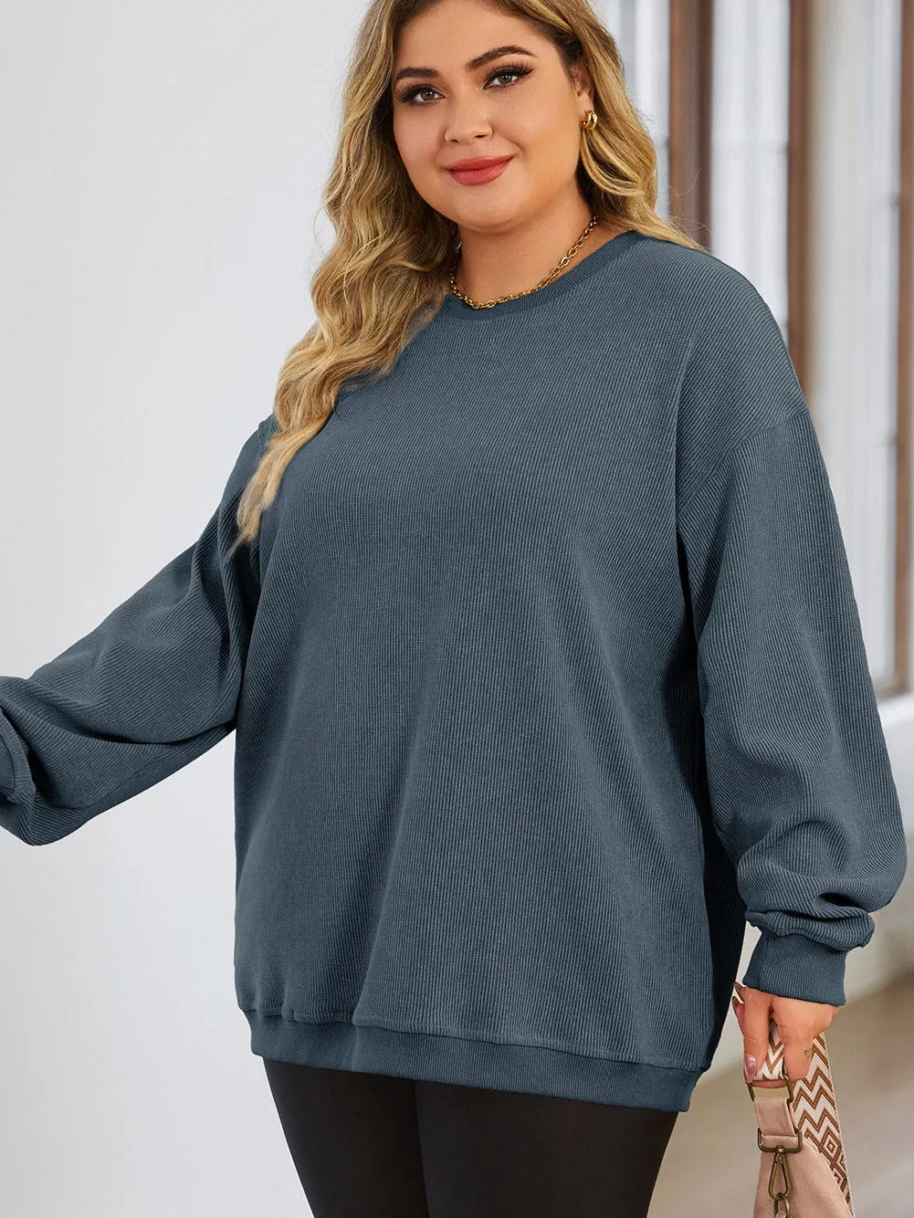 Blue Plus Size Corded Round Neck Sweatshirt