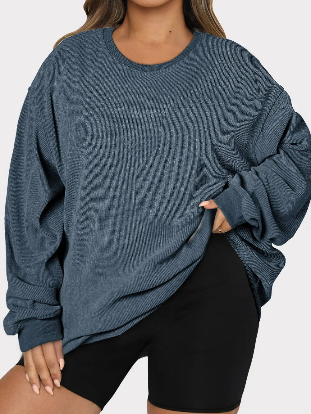 Blue Plus Size Corded Round Neck Sweatshirt