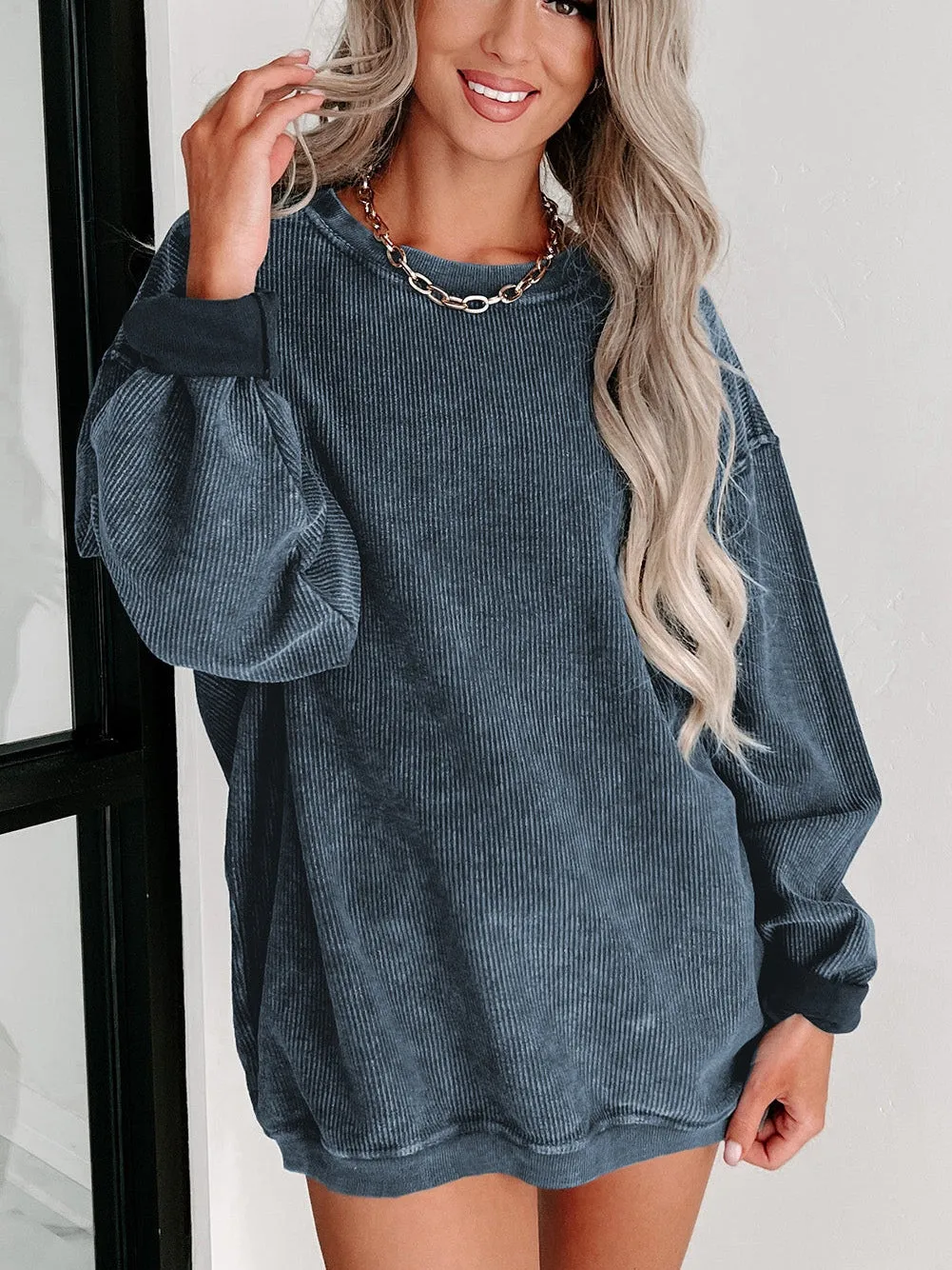 Blue Plus Size Corded Round Neck Sweatshirt