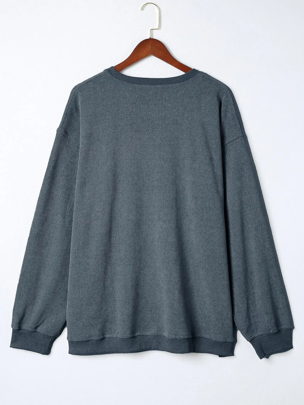 Blue Plus Size Corded Round Neck Sweatshirt