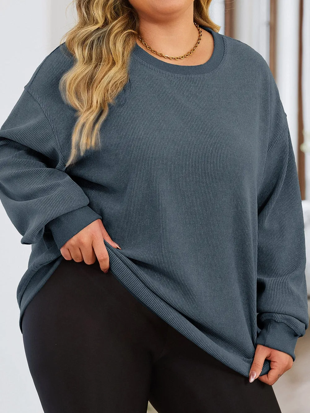 Blue Plus Size Corded Round Neck Sweatshirt