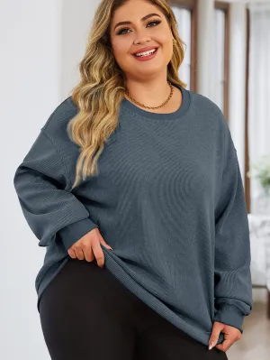 Blue Plus Size Corded Round Neck Sweatshirt