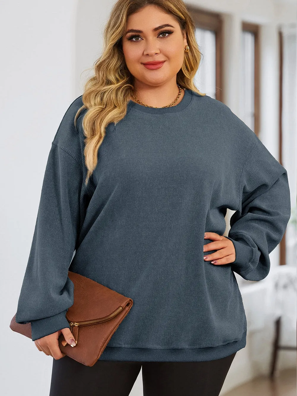 Blue Plus Size Corded Round Neck Sweatshirt