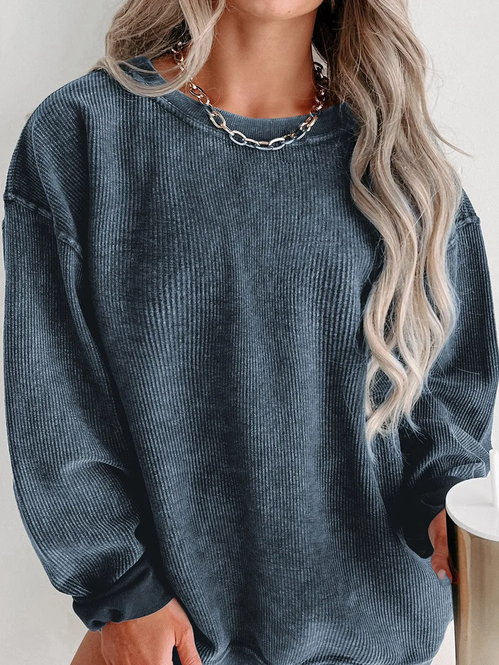 Blue Plus Size Corded Round Neck Sweatshirt