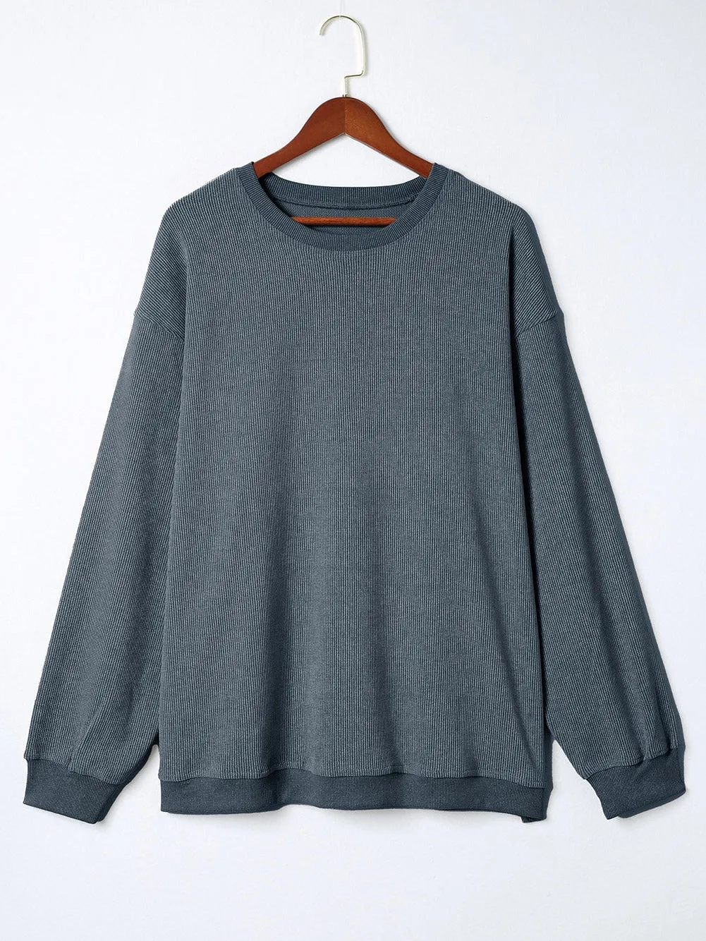 Blue Plus Size Corded Round Neck Sweatshirt