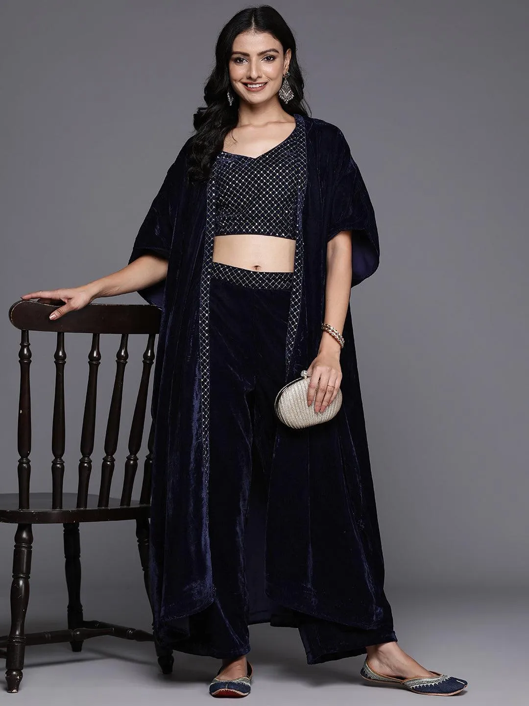 Blue Solid Velvet 3 Piece Co-Ords