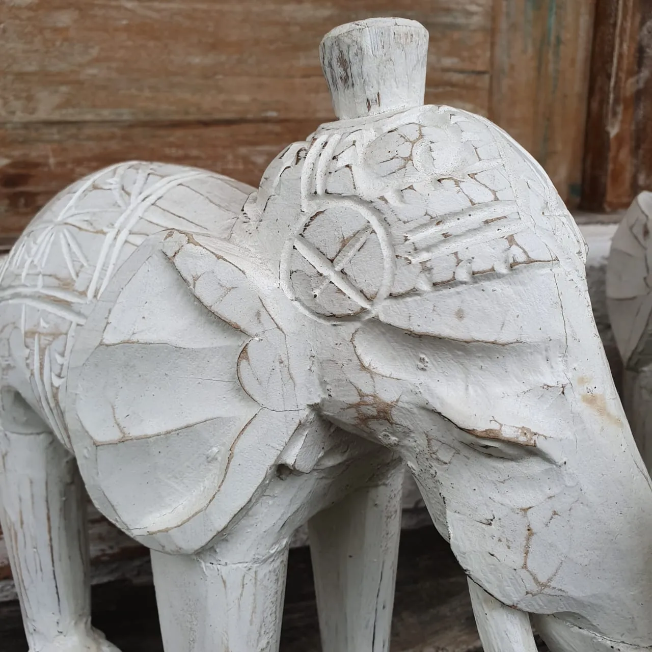 Carved White Washed Wooden Elephant Set of 3