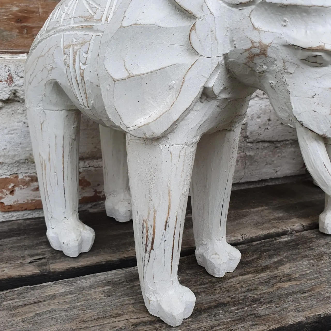 Carved White Washed Wooden Elephant Set of 3