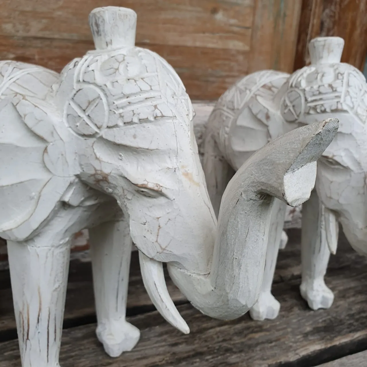 Carved White Washed Wooden Elephant Set of 3