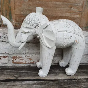 Carved White Washed Wooden Elephant Set of 3