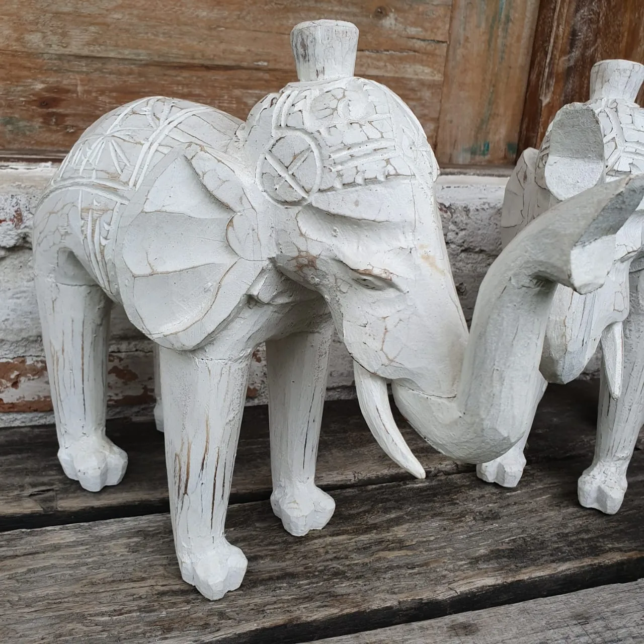 Carved White Washed Wooden Elephant Set of 3