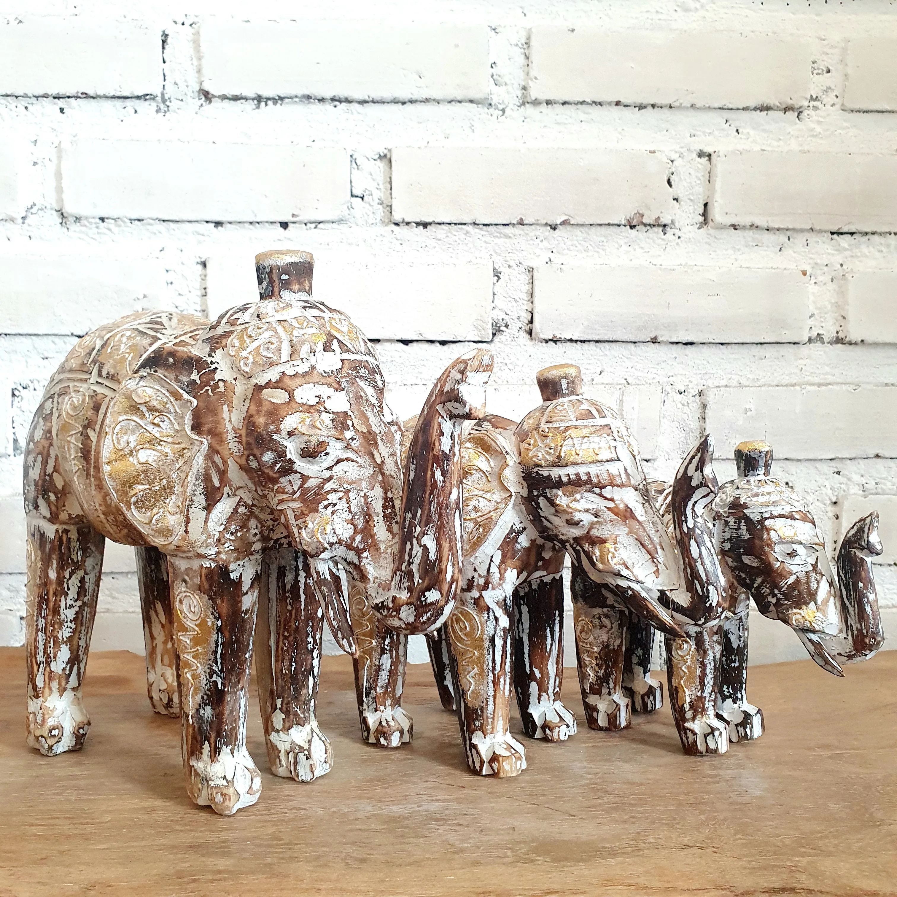 Carved White Washed Wooden Elephant Set of 3