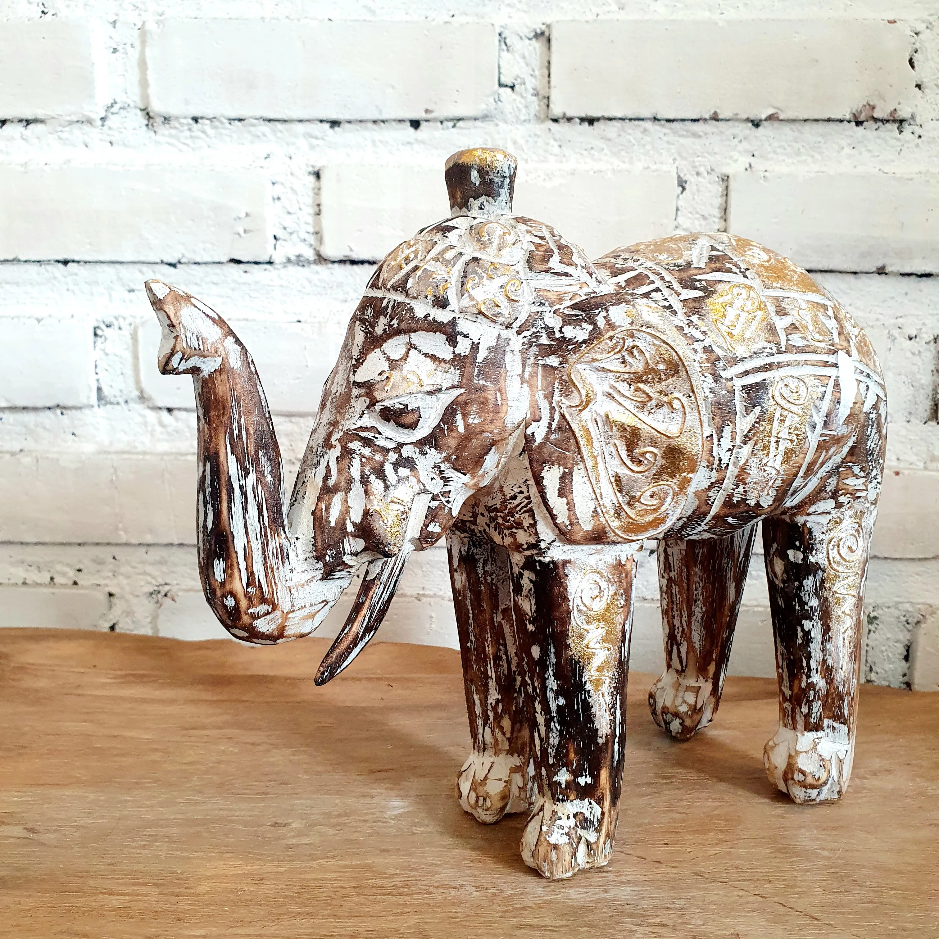 Carved White Washed Wooden Elephant Set of 3