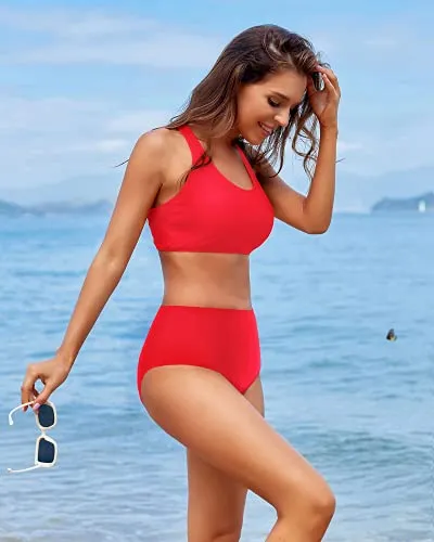 Crop Top Bikini Sports Crop Top Swimsuit Scoop Neck Bathing Suit For Teen Girls-Neon Red