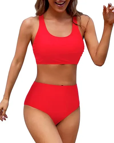 Crop Top Bikini Sports Crop Top Swimsuit Scoop Neck Bathing Suit For Teen Girls-Neon Red