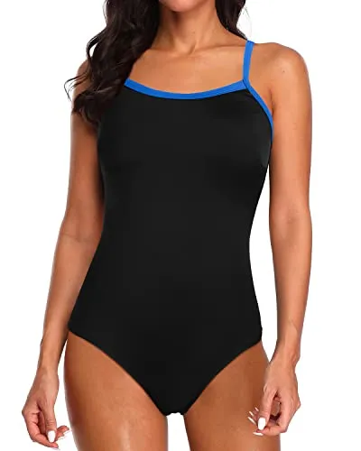 Cute Full Lining Athletic One Piece Swimsuits For Women-Black Blue