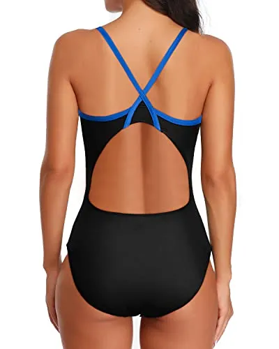 Cute Full Lining Athletic One Piece Swimsuits For Women-Black Blue