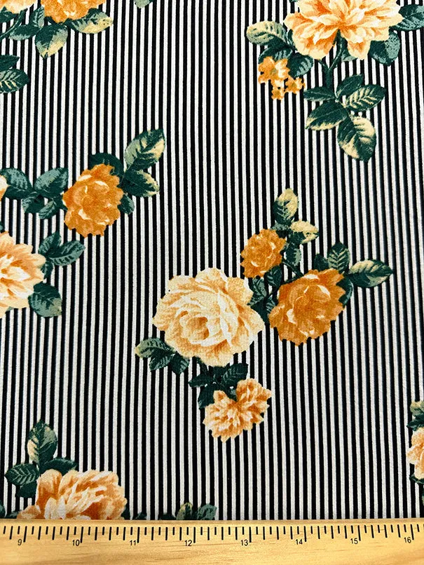 Gold Floral Black Stripe Print Double Brushed Jersey Knit Fabric