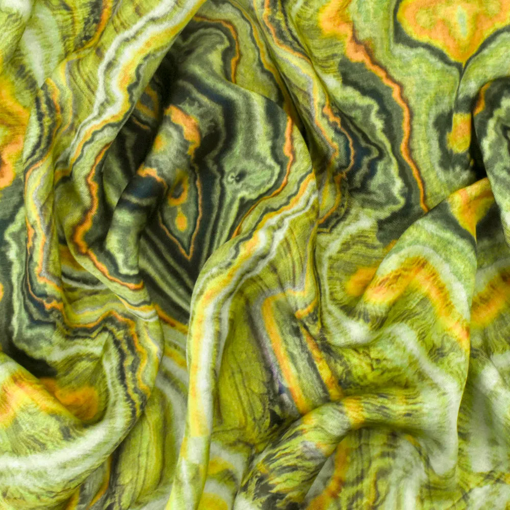 Green-Yellow-Multi Famous Designer Geode Printed Viscose Twill Woven Fabric