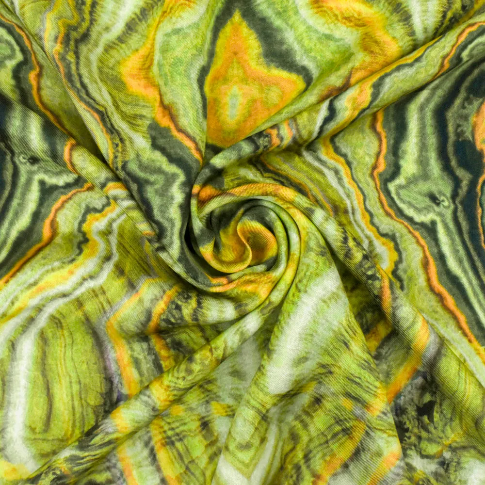 Green-Yellow-Multi Famous Designer Geode Printed Viscose Twill Woven Fabric