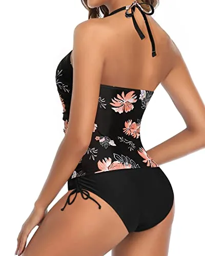 Halter Tankini Two Piece Swimsuits With Backless Tankini And Shorts-Black Orange Floral