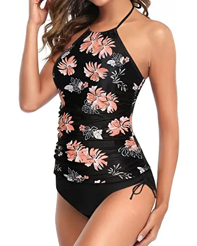 Halter Tankini Two Piece Swimsuits With Backless Tankini And Shorts-Black Orange Floral