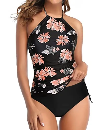 Halter Tankini Two Piece Swimsuits With Backless Tankini And Shorts-Black Orange Floral