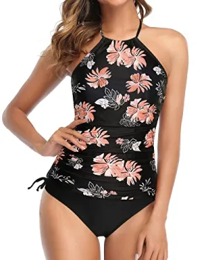 Halter Tankini Two Piece Swimsuits With Backless Tankini And Shorts-Black Orange Floral