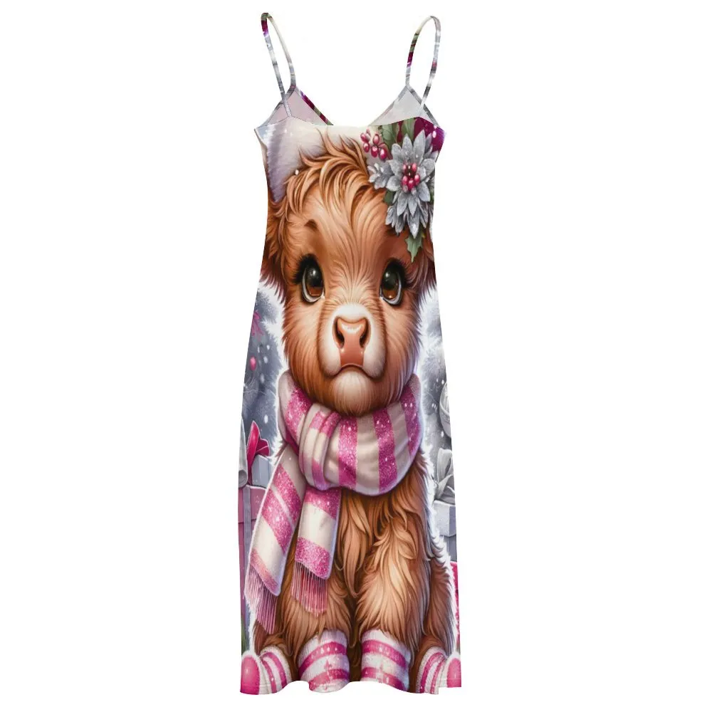 Highland Cow Pink Christmas Spaghetti Strap Ankle-Length Dress Long dress